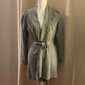 J.Jill Womens Gray Cotton Blend Fringe Trim Belted Long Sleeve Knit Cardigan S